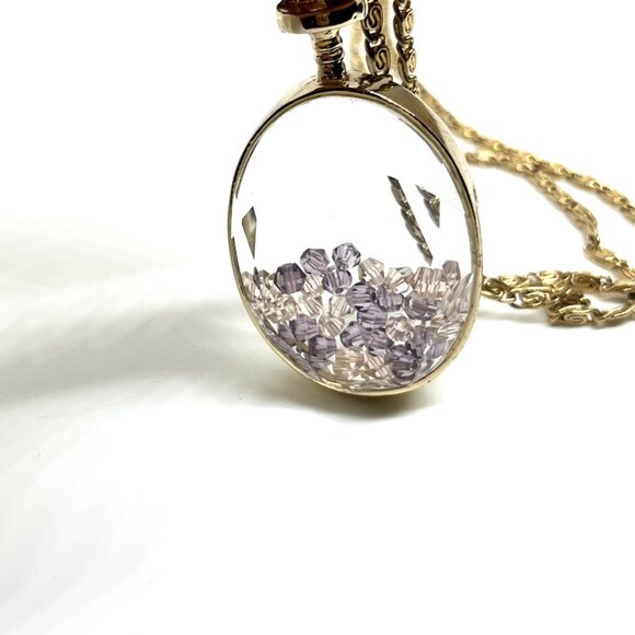 VINTAGE SHAKER NECKLACE GOLD TONE CRYSTAL OVAL PENDANT LONG SNAIL LINK CHAIN - Picture 8 of 12